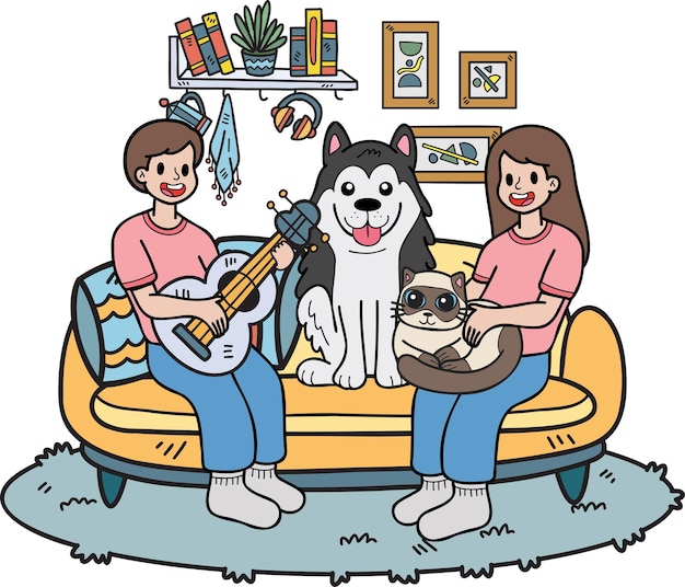 Desenhado à mão o proprietário toca violão com o cachorro e o gato na ilustração da sala de estar no estilo doodle