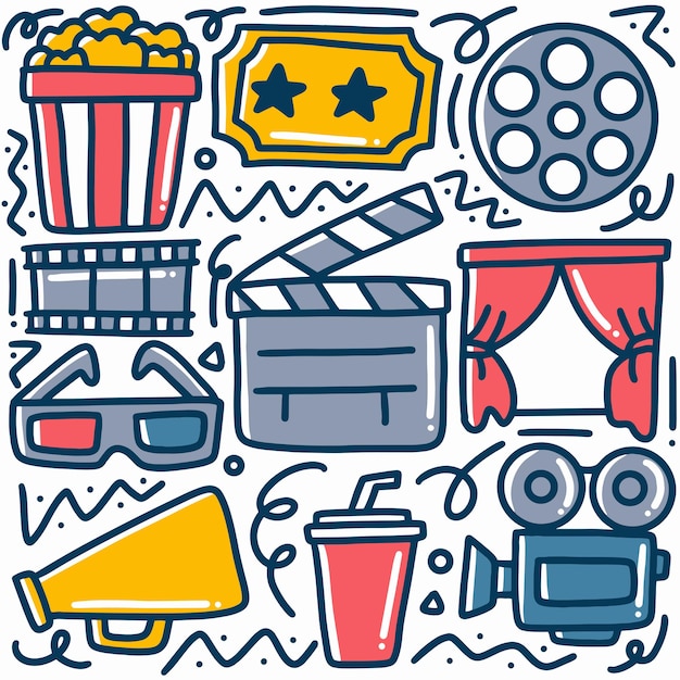 Vetor desenhado à mão sobre doodle de cinema com ícones e elementos de design