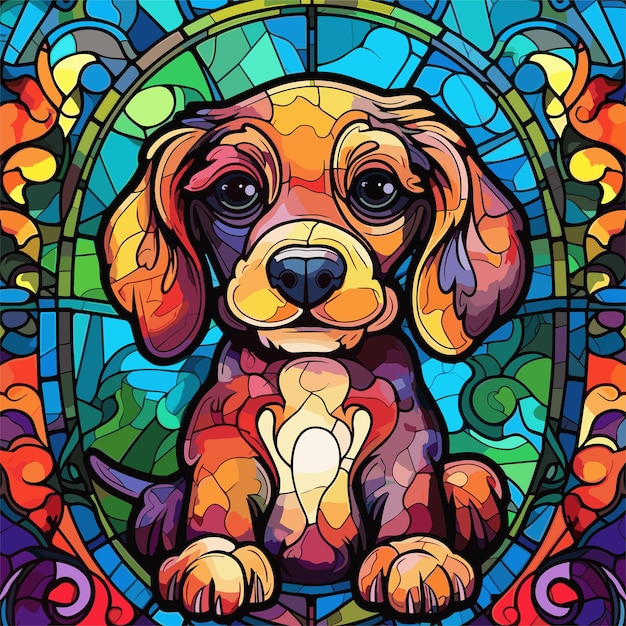 Vetor desenhado à mão um close de uma cara de cachorro em um vitral