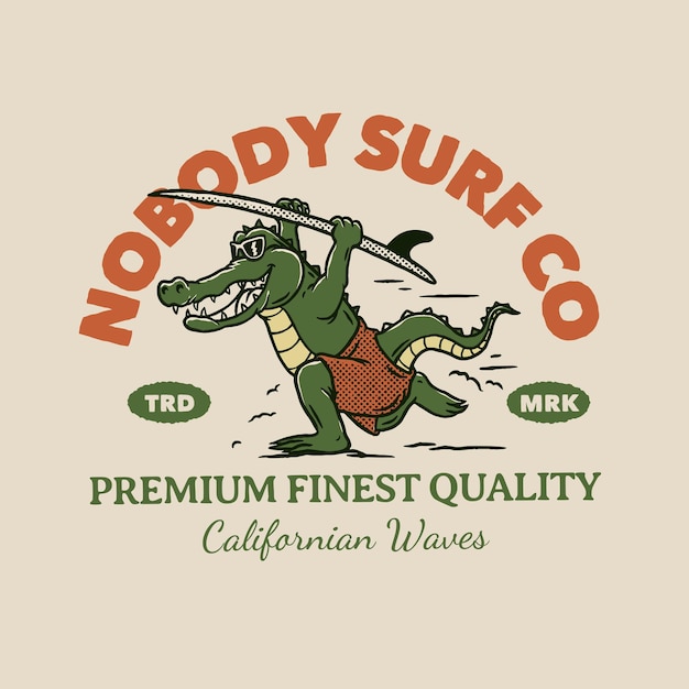 Vetor desenhado à mão vintage crocodile surfer character mascote para modelo de logotipo de roupas