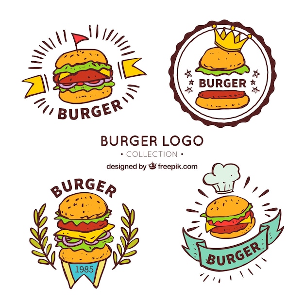 Desenhado mão, seleção, quatro, hamburguer, logotipos