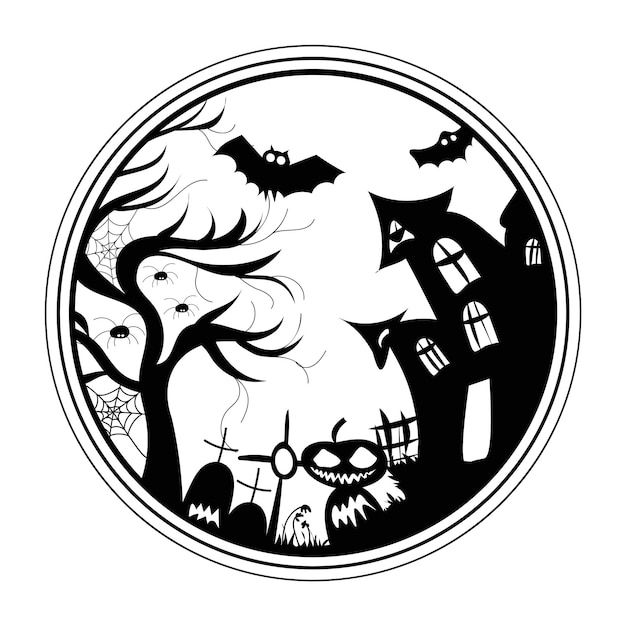 Desenhando Halloween silhueta preto e branco lua cheia casa fantasma abóbora morcego cemitério vetor