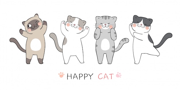 Desenhar o gato bonito da coleção. Estilo dos desenhos animados do Doodle