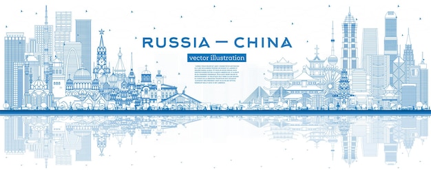 Desenhar o horizonte da rússia e da china com edifícios e reflexos azuis marcos famosos conceito da china e da rússia relações diplomáticas entre países