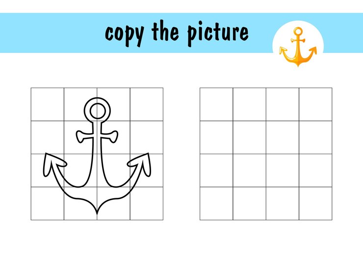 Vetor desenhe a âncora usando o exemplo. minijogo infantil no papel. copie a imagem usando linhas de grade, jogo de criança simples com nível fácil de jogo, jogo de desenho para crianças.