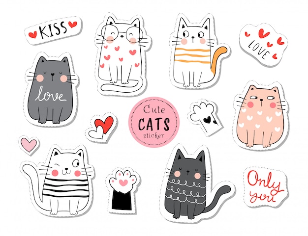 Desenhe a coleção adesivos gato engraçado no conceito de amor.