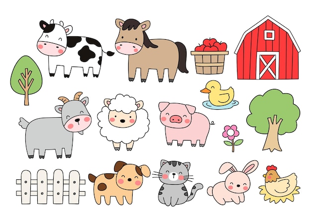 Desenhe a coleção de animais estilo de desenho animado doodle