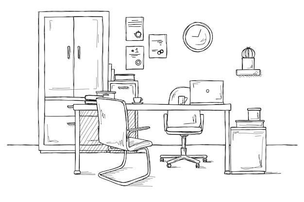 Desenhe a sala. Cadeira de escritório, mesa, vários objetos em cima da mesa. Espaço de trabalho de esboço. ilustração