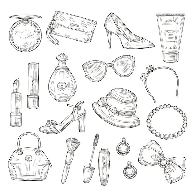 Desenhe acessórios femininos. Sapatos femininos, bolsa de senhora e chapéu, rímel e batom, perfume e brincos mão desenhada conjunto.