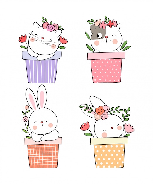 Desenhe gato e coelho dormindo no vaso de flores para a primavera.