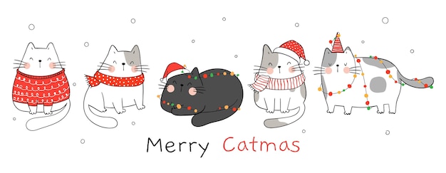 Desenhe gatos de banner com luz de natal. para o inverno e o ano novo.