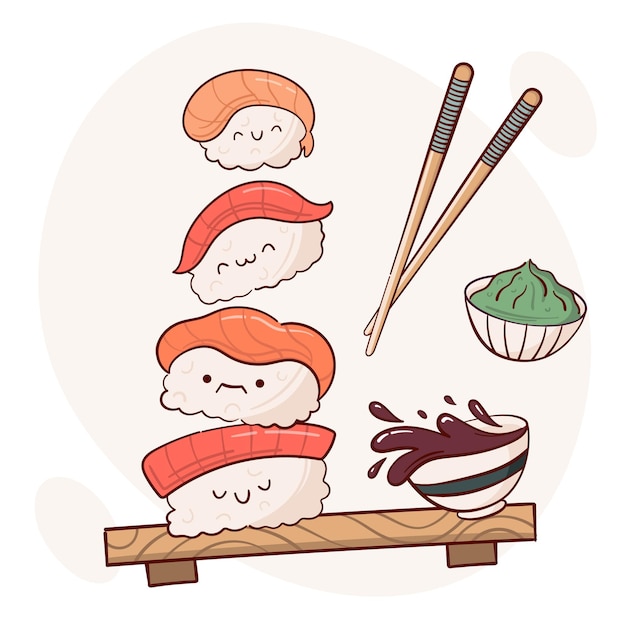 Desenhe ilustração vetorial de sushi nigiri kawaii engraçado conceito de menu de culinária de comida tradicional asiática japonesa doodle estilo de desenho animado