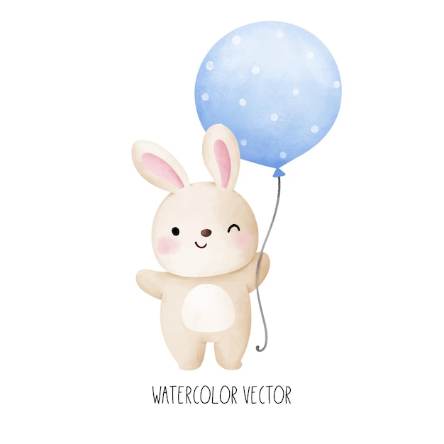 Vetor desenhe ilustração vetorial menino coelho com balão azul para cartão cartaz modelo de banho de bebê creche crianças de aniversário