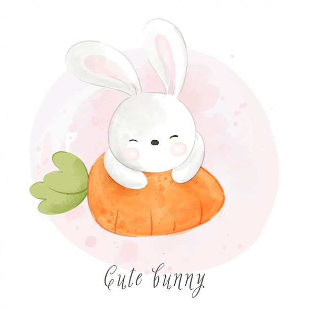 Desenhe o coelho dormindo na cenoura para o dia da páscoa, isolado no branco.
