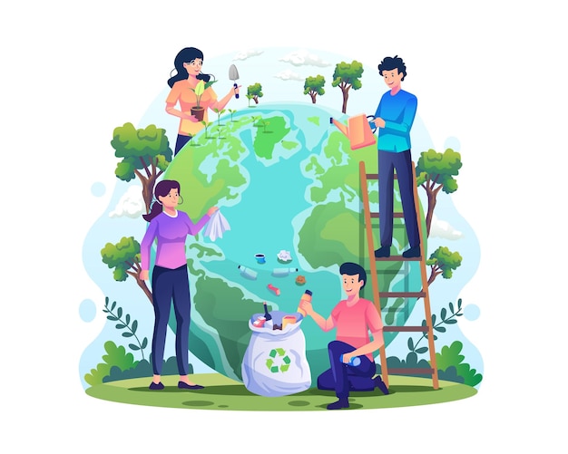 Vetor desenhe o conceito do dia mundial do meio ambiente com as pessoas cuidando da ilustração da terra