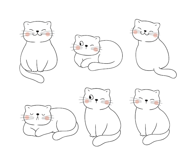 Desenhe o esboço da coleção estilo de desenho animado Doodle do gato engraçado