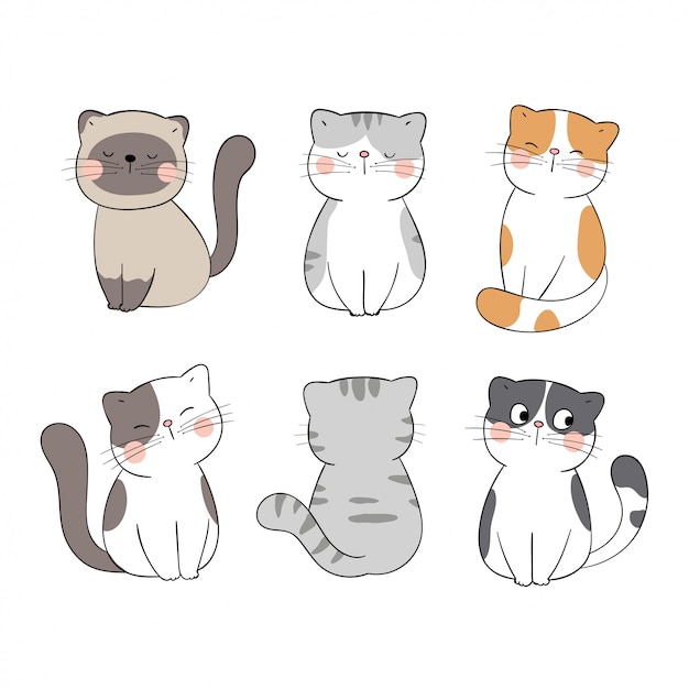 Desenhe o gato bonito de coleção em branco. Estilo dos desenhos animados do Doodle.