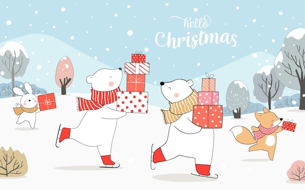 Desenhe o urso polar e o coelho raposa brincando na neve.