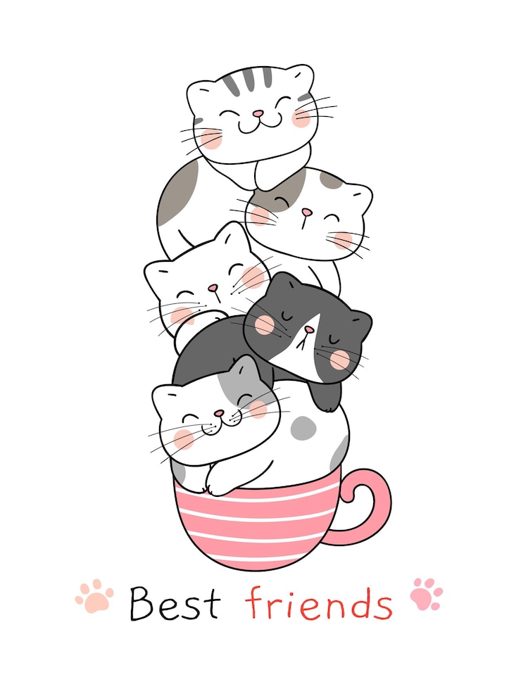 Vetor desenhe um gato engraçado no estilo de desenho animado doodle de xícara de café