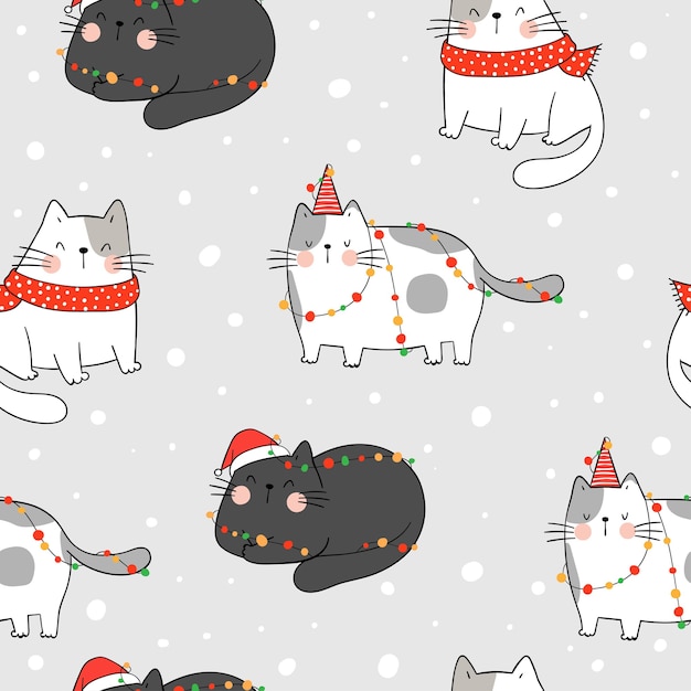 Desenhe um gato padrão sem emenda na neve para o natal.