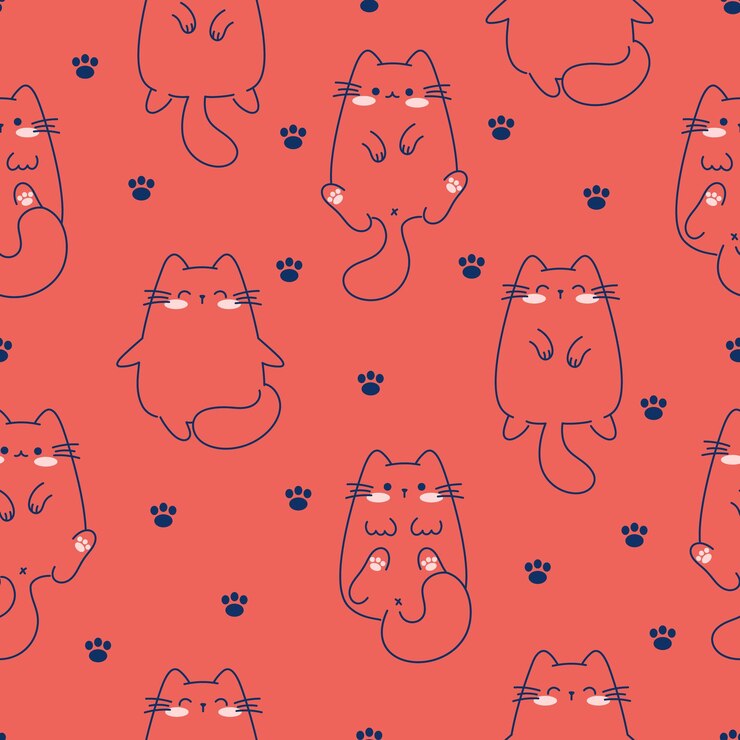 Desenhe um padrão perfeito com gatos fofos no estilo de desenho animado Doodle de fundo vermelho