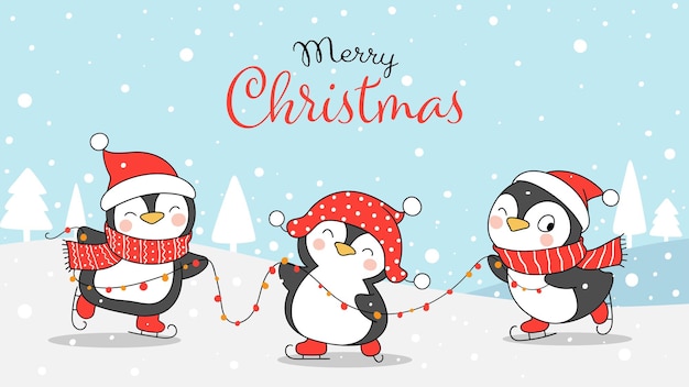 Desenhe um pinguim brincando na neve no natal e no inverno