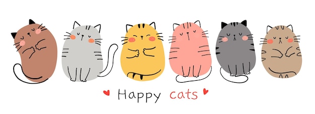 Desenhe uma coleção de gatos simples estilo de desenho animado