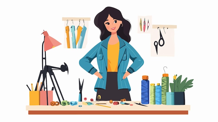 Vetor desenhista de moda criando roupas com equipamento profissional