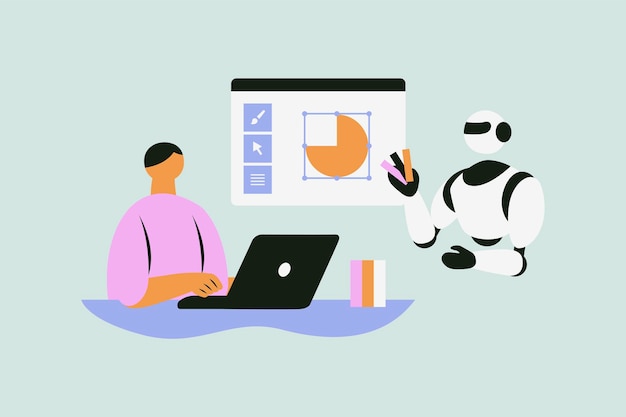 Desenhista gráfico trabalhando com o robô Vector Illustration