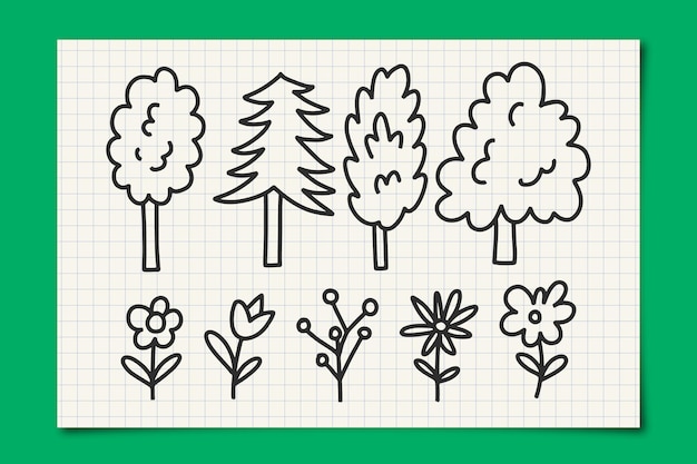 Desenho a lápis linear de árvores e flores