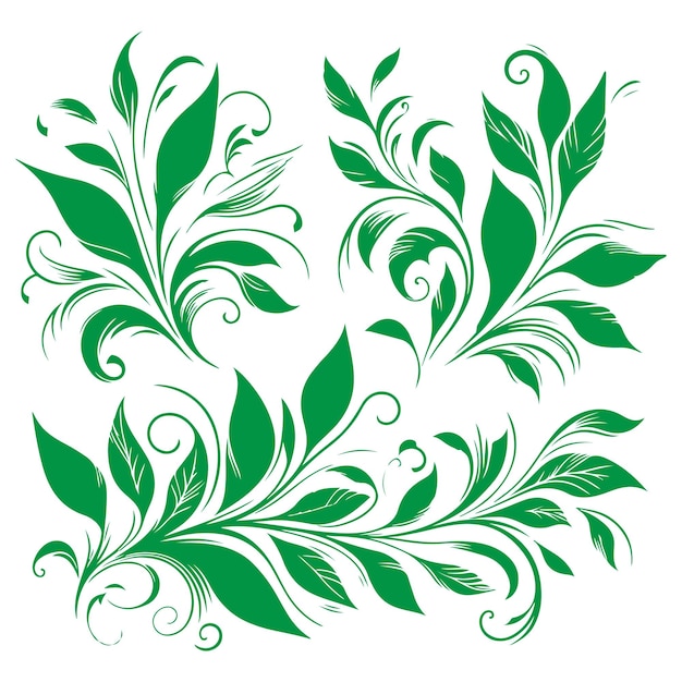 Vetor desenho à mão de belos ornamentos florais folhas verdes e linhas pretas abstratas monocromático contorno floral desenho elemento vetor