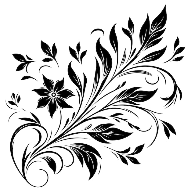 Vetor desenho à mão de um belo ornamento floral com folhas e linhas pretas abstratas monocromático contorno floral desenho elemento vetor