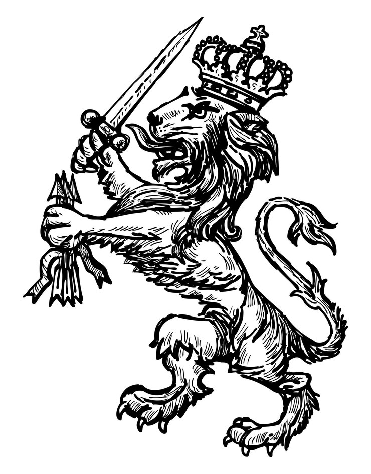 Vetor desenho à mão do antigo símbolo heráldico medieval do leão com a espada