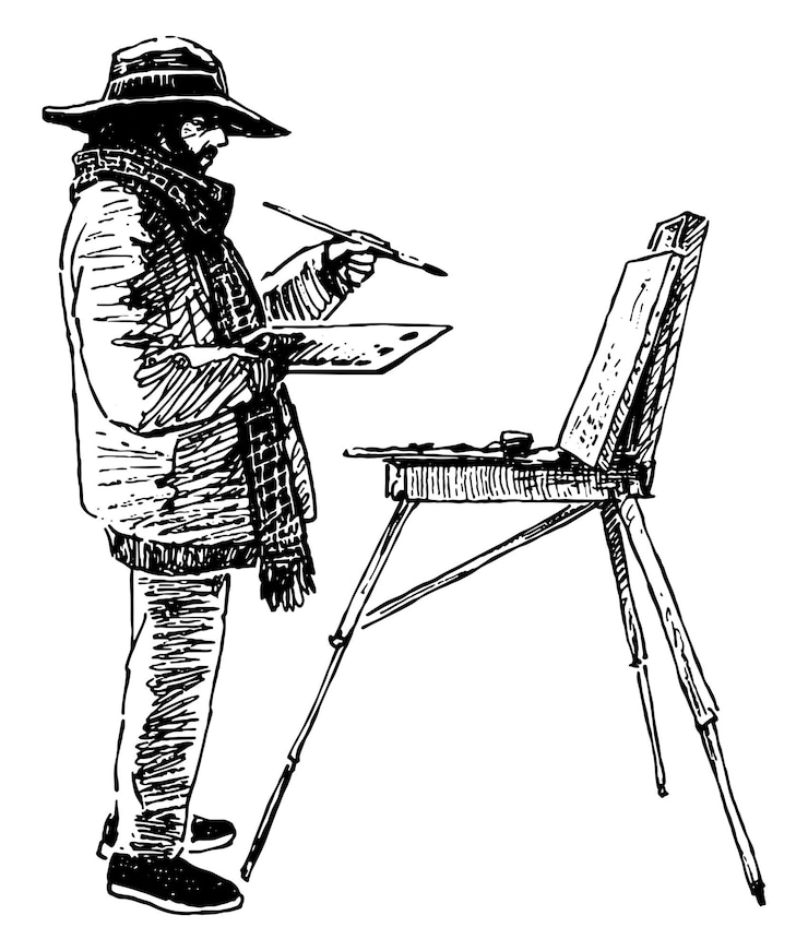 Vetor desenho à mão do artista em chapéu com pincel e paleta em suas mãos e com imagem em tripé pintando ao ar livre