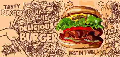Vetor desenho à mão e esboço, hambúrguer duddle, ilustração, hambúrguer vetorial