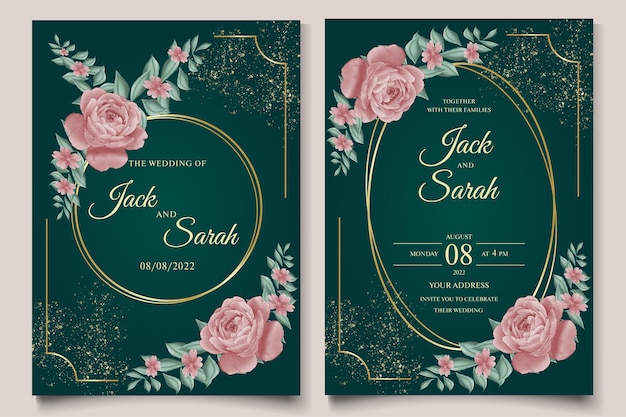 Desenho à mão elegante rosa aquarela convite de casamento design floral premium com enfeites de ouro