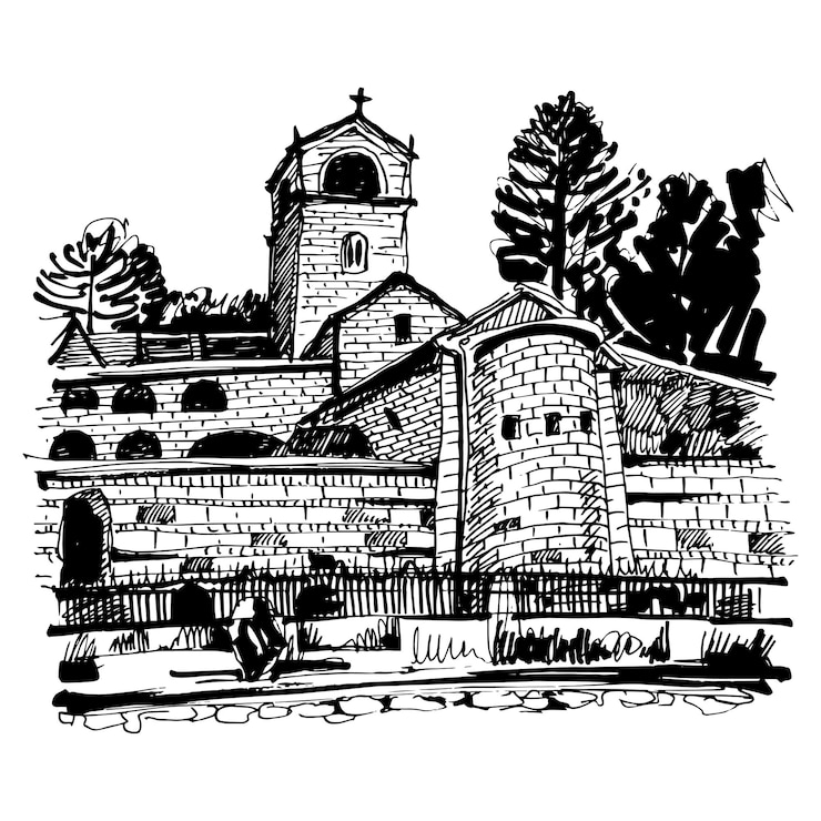 Vetor desenho à mão em preto e branco da antiga capital do mosteiro cetinje em montenegro.