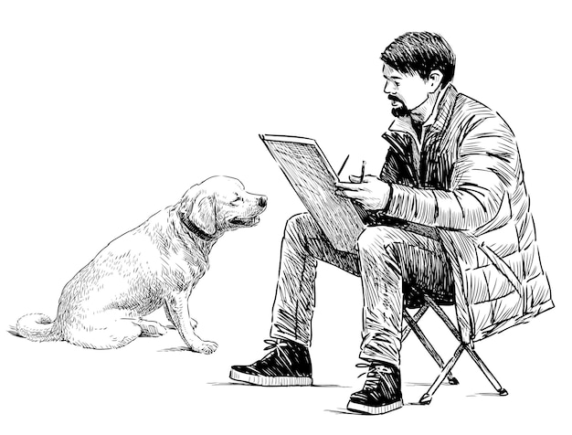 Desenho à mão livre de artista de rua esboçando cachorro grande