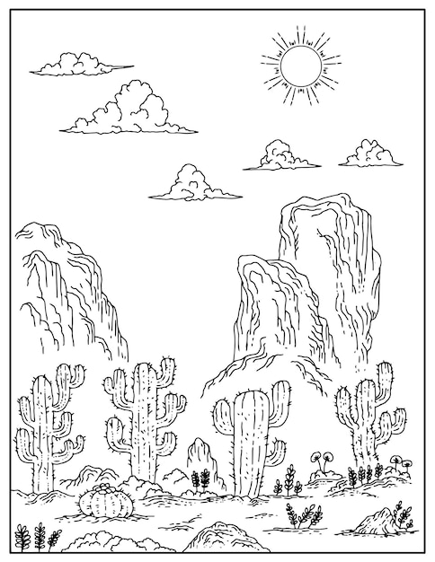 Desenho à mão paisagem de cactos do deserto para colorir para criança