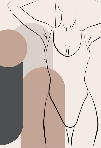 Vetor desenho abstrato com elementos de silhueta de rosto feminino de formas geométricas simples em um desenho linear
