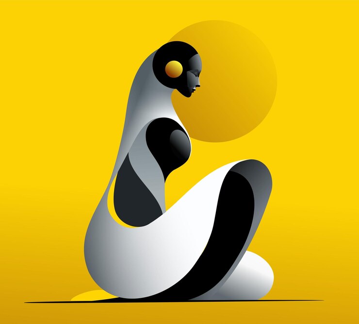 Vetor desenho abstrato de figura feminina amarela, preta e cinzenta em fundo amarelo