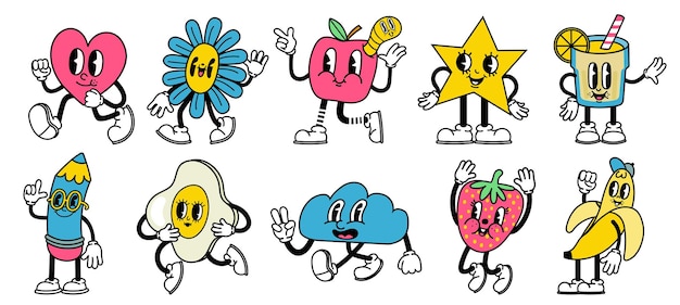 Desenho abstrato moderno. conjunto de vetores de mascotes de coração, estrela, maçã e lápis em quadrinhos brilhantes com caras engraçadas. personagens correndo, pulando e caminhando com expressões faciais felizes e alegres