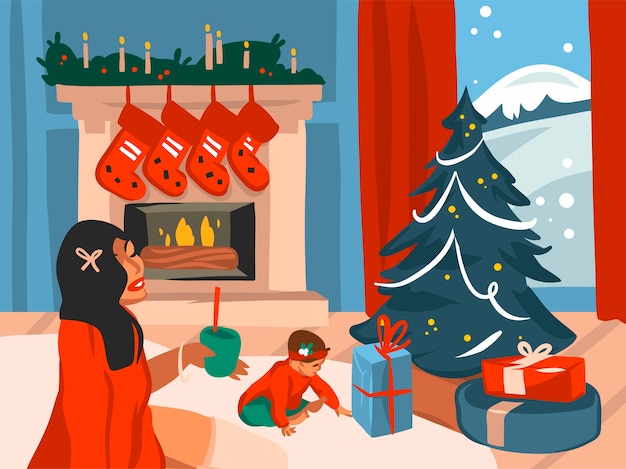 Vetor desenho abstrato plano feliz natal e feliz ano novo cartoon ilustrações festivas da grande árvore de natal decorada e família feliz no interior da casa de férias isolado na cor de fundo.