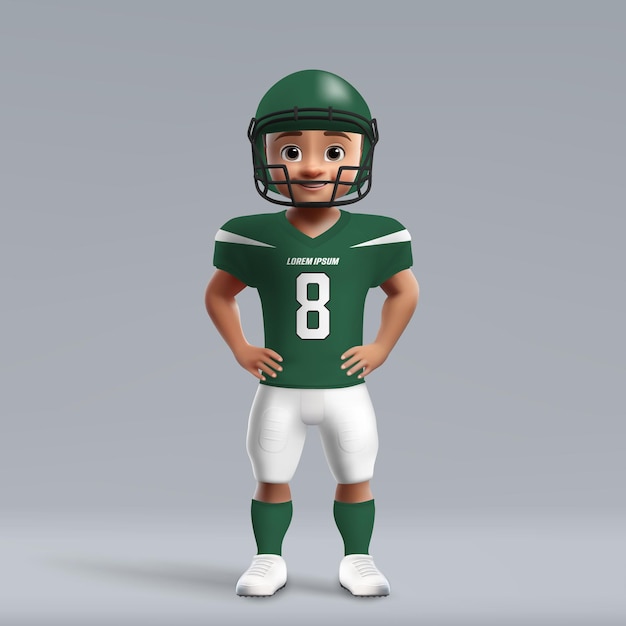 desenho animado 3d bonito jovem jogador de futebol americano em uniforme camisa da equipe de futebol