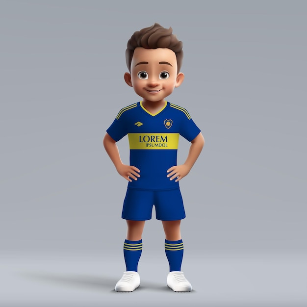 Vetor desenho animado 3d bonito jovem jogador de futebol em uniforme de futebol