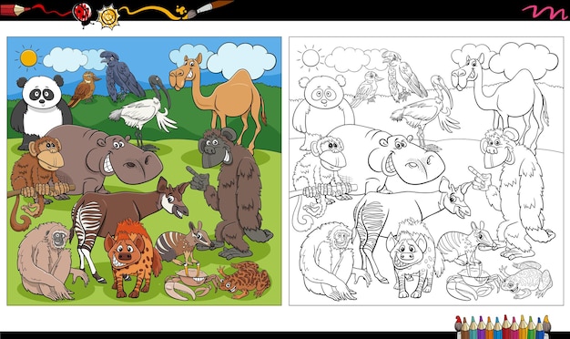 desenho animado animais selvagens personagens grupo livro para colorir