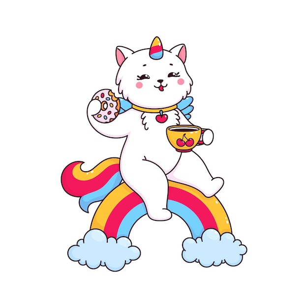 Desenho animado bonito caticorn gato e gatinho personagem sentado no arco-íris desfrutando de saboroso donut e chá isolado vetor felino unicórnio personagem em mágico mundo encantador cheio de risos e felicidade