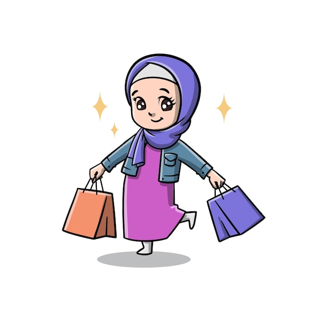 Desenho animado bonito de compras Hijab Muslim Girl