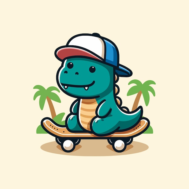 desenho animado bonito de dinossauro montando skate ilustração vetorial