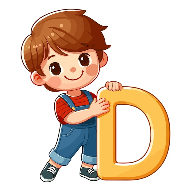 Desenho animado bonito feliz menino segurando letra do alfabeto d ilustração vetorial
